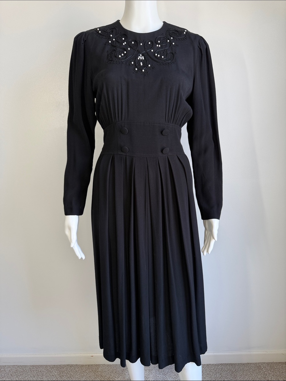 Vintage 90s Karin Stevens Black Beaded Pleated Midi Dress Size 6 Petite